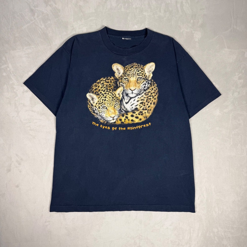 90s Mens Vintage Eyes of the Rainforest Leopard Graphic Tee Navy L